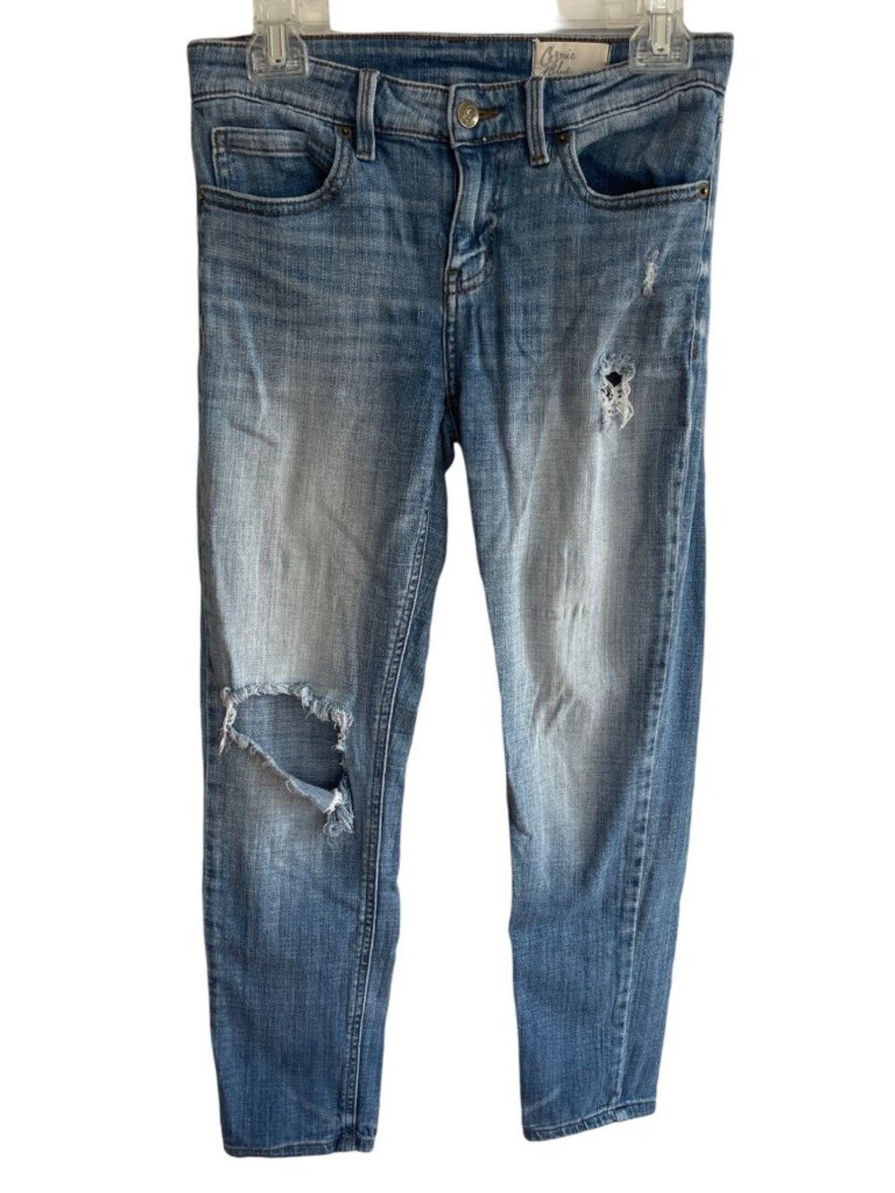 Cosmic Blue Love Distressed Skinny Jeans Women's 27 Medium Wash Stretch Denim